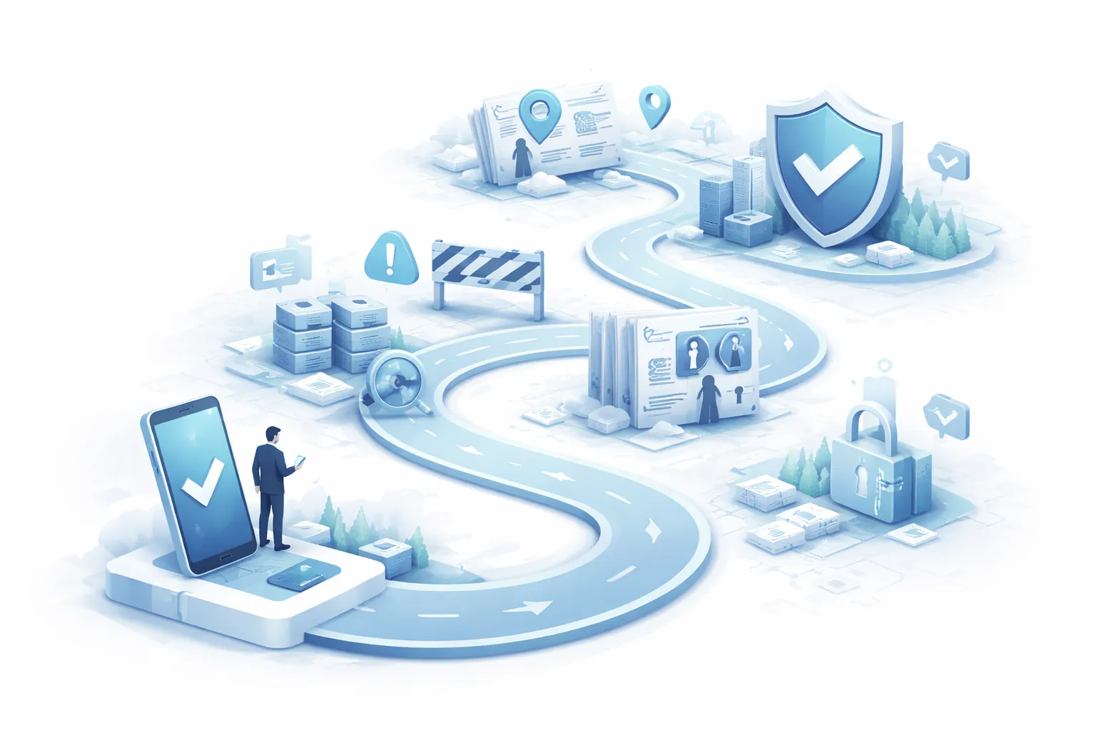 Ein Mann steht vor einer Strasse mit Hindernissen, diese Bild wurde mit Dall E von Open AI generiert 